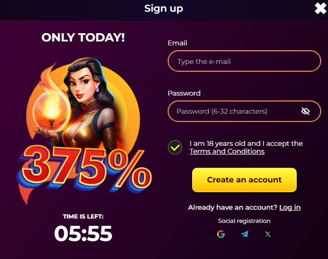 Fire Scatters Casino registration form